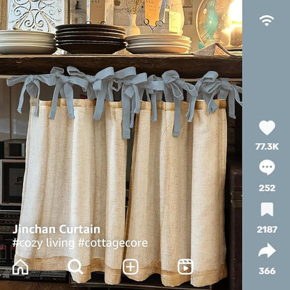 jinchan Linen Tie Top Curtains 36 Inch Length Farmhouse Cafe Curtains Set of 2 for Bedroom Bathroom Rustic Small Windows Light Filtering Crude Panels with Blue Ties