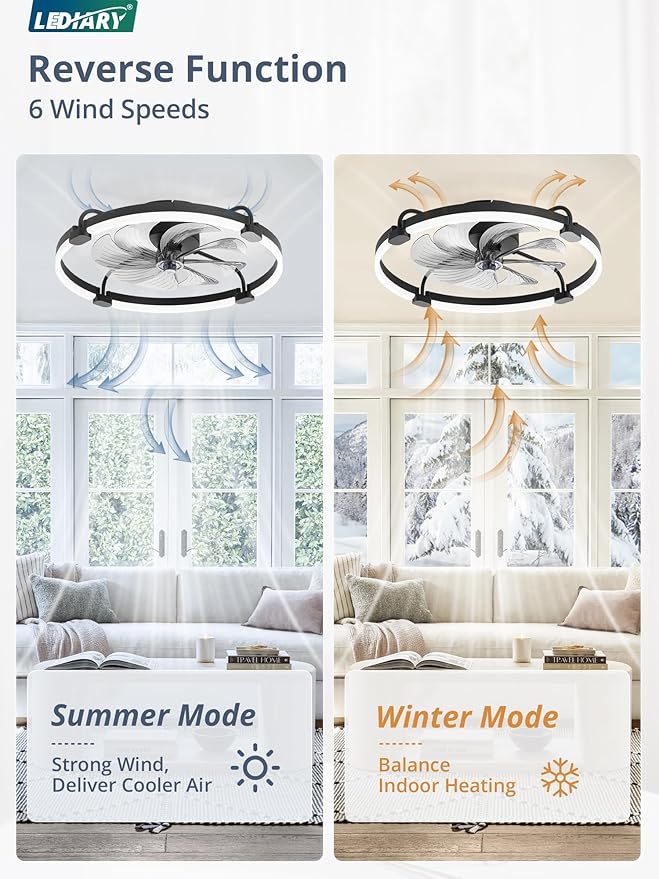 LEDIARY 2 Pack Ceiling Fans with Lights and Remote, 24'' Low Profile Ceiling Fan with Light, 3000-6000K Dimmable Fandelier LED Fan Light, 6 Wind Speeds, Black Flush Mount Ceiling Fan for Bedroom