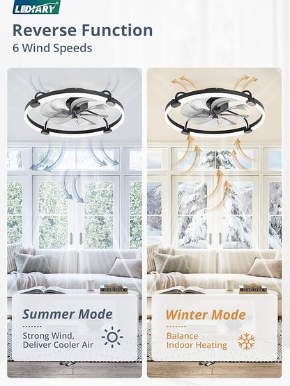 LEDIARY 2 Pack Ceiling Fans with Lights and Remote, 24'' Low Profile Ceiling Fan with Light, 3000-6000K Dimmable Fandelier LED Fan Light, 6 Wind Speeds, Black Flush Mount Ceiling Fan for Bedroom