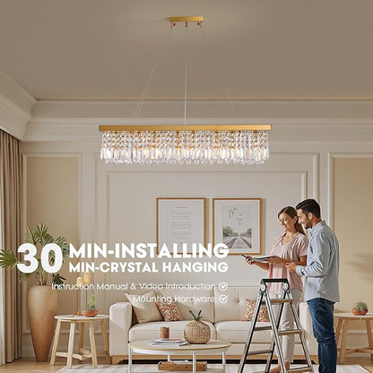 Gold Modern Crystal Chandeliers for Dining Room Kitchen Island Light Fixture, 8-Light Rectangle Chandelier for Living Room, L39.4 Inch