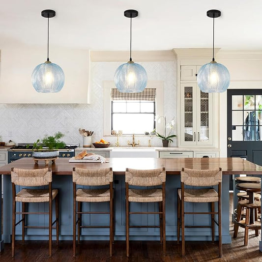 Blue Glass Pendant Light, Single Large 9.8-Inch Globe Shade Hanging Chandelier, Hand Blown Glass Ball Pendant Light Fixtures for Kitchen Island, Staircase, Dining Room, Living Room, Bedroom