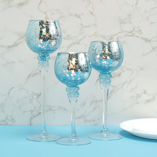 Hosley Elevate Ambiance with Set of 3 Crackle Blue Glass Tealight Holders 12 Inch, 10 Inch, 9 Inch Stylish Home Decor for Unique Candle Displays