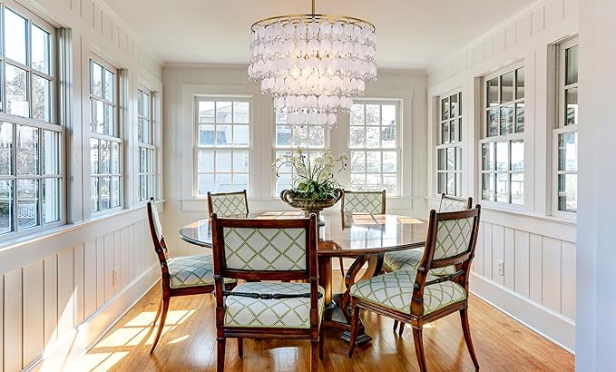 TOCHIC Natural Capiz Shell Chandelier, 6-Light Gold Modern Coastal Chandelier Light Fixture for Dining Room, Hanging Boho Round Beach Shell Pendant Light for Living Room, Bedroom, Kitchen, Foyer, 24"W