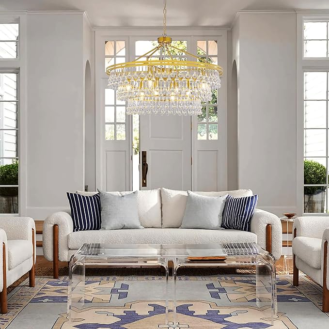 Wellmet 32" Brass Gold Farmhouse Chandelier, Large Modern Crystal Teardrop Chandeliers, Round Light Fixture for Dining Room, Living Room, Bedroom, Kitchen, Hallway, Closet