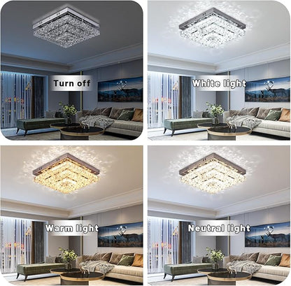 Crystal Chandeliers Crystal LED Ceiling Light 11.8" Square Flush Mount Modern Chandelier Ceiling Lights Fixtures for Bedroom Dining Room Hallway Dimmable by Remote Control
