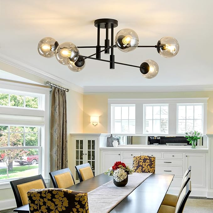 6-Lights Glass Globe Sputnik Chandelier Modern Flush Mount Ceiling Light Fixture Black Farmhouse Lighting for Dining Room Living Room Bedroom Kitchen Passageway.