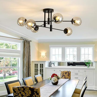 6-Lights Glass Globe Sputnik Chandelier Modern Flush Mount Ceiling Light Fixture Black Farmhouse Lighting for Dining Room Living Room Bedroom Kitchen Passageway.