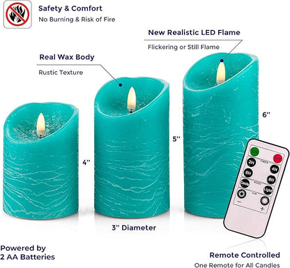 VENTA Turquoise Real Wax Flameless Candles, Set of 3 | Realistic Teal LED Pillar Candles with Remote & Timer | Perfect for Coastal, Beach House & Nautical Decor