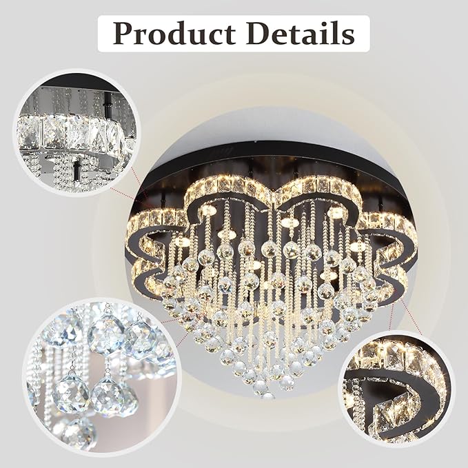 Flashing God W32inches Modern Black Chandeliers Raindrop Crystal Ceiling Lighting Fixture Flush Mount Chandelier for Living Room Hallway Dining Room Kitchen Bedroom