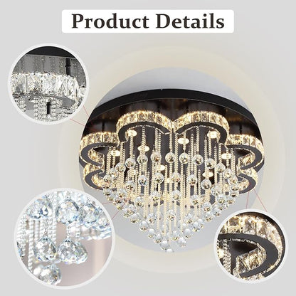 Flashing God W32inches Modern Black Chandeliers Raindrop Crystal Ceiling Lighting Fixture Flush Mount Chandelier for Living Room Hallway Dining Room Kitchen Bedroom