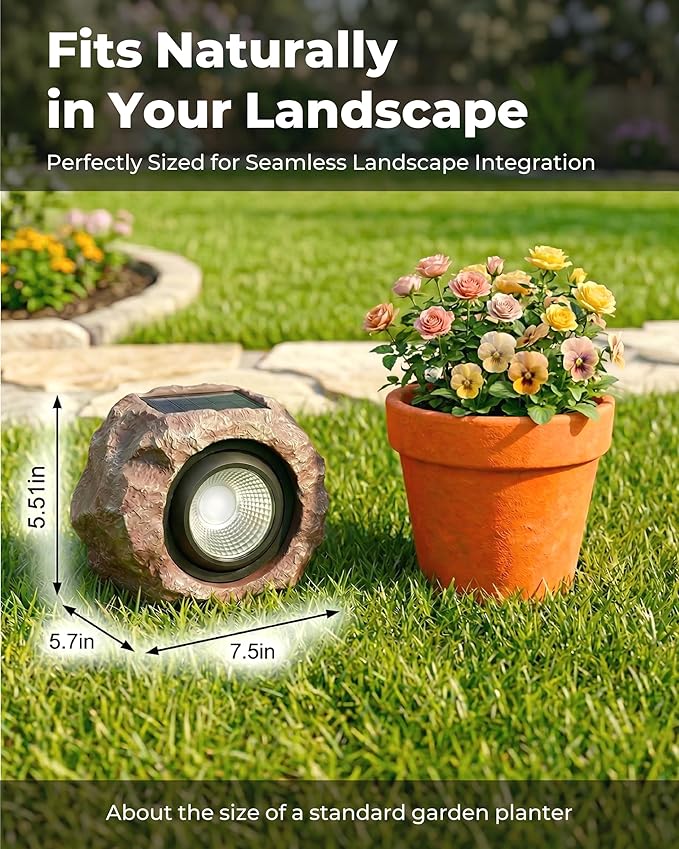 2 Pack Solar Rock Lights Outdoor, Angle Adjustable Solar Lights Outdoor Waterproof, LED Solar Garden Lights, Auto On/Off Landscape Lighting for Yard Pathway Patio Flower Bed - White Glow (Stone Brown)