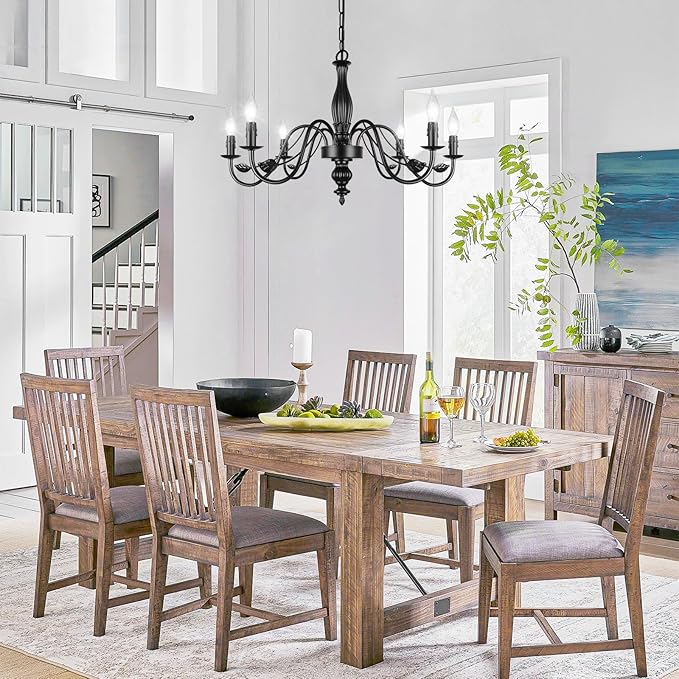 29" Black Chandelier for Dining Room, Modern Farmhouse 6-Light Light Fixture Hanging, Industrial Kitchen Lighting Fixtures with Leaf, Vintage Chandeliers Over Table for Bedroom Foyer Living Room