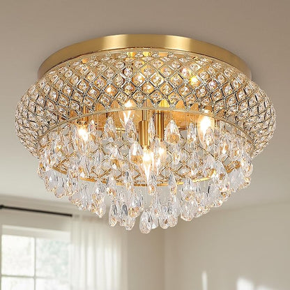 Maxax 19.5'' Crystal Brass Chandelier, 5-Light Large Vintage Farmhouse Ceiling Light Fixture, Drum Raindrop Metal Shade, French Empire, for Living Room Bedroom Dining Room Kitchen Entryway