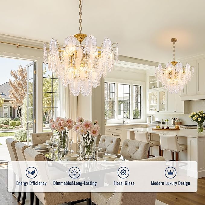 5-Tier Foyer Chandelier, 12-Light Vintage Glass Chandelier for Dining Room with Glass Leaf & Brass Finish, Dimmable Vintage Pendant Lighting for Kitchen Island Living Room Entryway, 28.74"xH23.62"