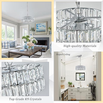 Chrome Crystal Chandeliers, 3 Pack Modern Semi Flush Mount Ceiling Light, 4-Ligh Small Round Crystal Hanging Pendant Light Fixtures,D12” for Kitchen Dining Room Entryway Hallway