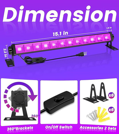 42W 6 Pack LED Black Light Bar, Blacklight Light Up to Lagre Area with 6ft Cable+Switch+Plug, Glow Party Light Supply for Halloween, Fluorescent Poster, Body Paint, Birthday,Classroom, Bedroom