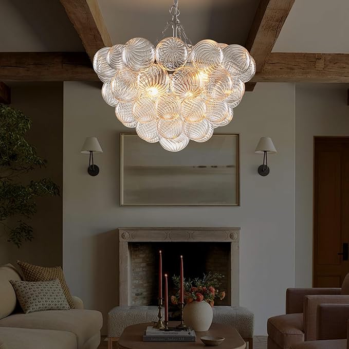 Hand Blown Glass Bubble Ball Chandelier Nickel-Plated 20" Small Pendant Lights Swirled Art Deco Cluster Ribbed Globe Blown Glass Chandeliers for Dining Room Bathroom Entry Bedroom
