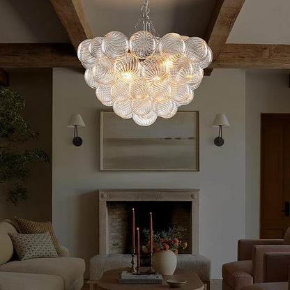 Hand Blown Glass Bubble Ball Chandelier Nickel-Plated 20" Small Pendant Lights Swirled Art Deco Cluster Ribbed Globe Blown Glass Chandeliers for Dining Room Bathroom Entry Bedroom