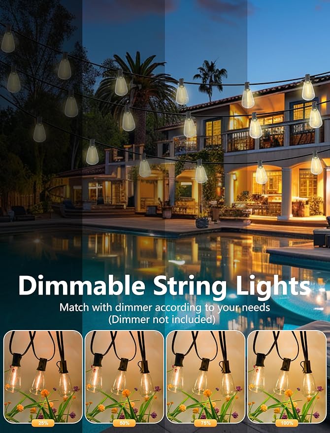 50FT LED Outdoor String Lights, Patio Lights with 25 Shatterproof ST35 LED Vintage Edison Bulbs Connectable LED String Lights, Waterproof Outdoor Hanging Lights for Backyard Garden