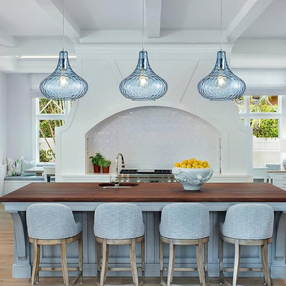 11" Blue Hammered Glass Pendant Light - Brushed Nickel Finish Industrial Ceiling Fixture with Blown Glass for Kitchen Island Dining Room Hallway Living Room