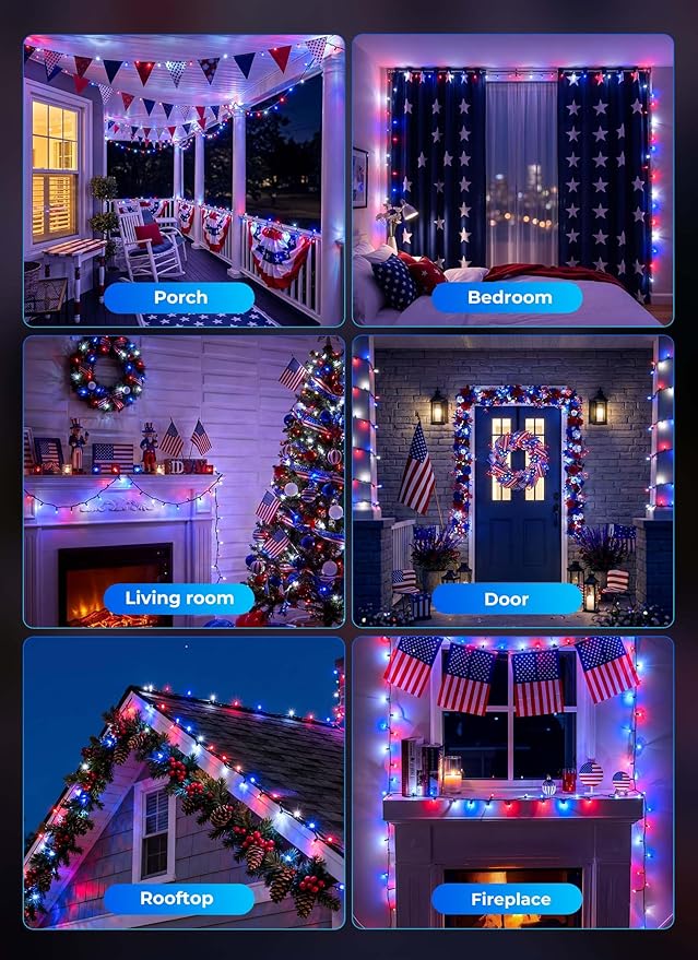 Minetom Red White Blue LED Christmas String Lights, 100 Count 20 Feet 4th July Decoration, Independence Day Decoration, Patriotic Mini Lights Waterproof for Indoor Outdoor Xmas Holiday Party Patio