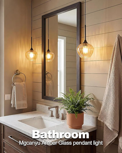 2-Pack Amber Pendant Lights for Kitchen Island, 7" Vintage Glass Pendant Lighting Mini Light Fixtures Adjustable Hanging Light for Kitchen, Dining Room, Bar, Bathroom