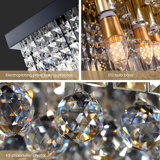 7PM Rectangle K9 Crystal Chandelier Modern Rectangular Pendant Lighting Fixture for Dining Room Kitchen Island Bedroom Black L40 x W10 x H10
