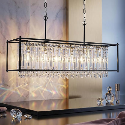Crystal Chandeliers for Dining Room, Modern Black Chandelier for Living Room, Adjustable Height, 6-Light Pendant Light Fixture, 42 in Large Rectangle Lighting for Kitchen Island Living Room