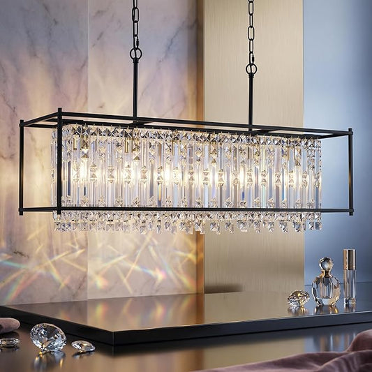 Crystal Chandeliers for Dining Room, Modern Black Chandelier for Living Room, Adjustable Height, 6-Light Pendant Light Fixture, 42 in Large Rectangle Lighting for Kitchen Island Living Room
