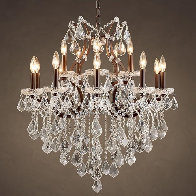 15 Lights Crystal Chandeliers for Dining Room Maria Theresa Chandeliers Vintage Pendant Light Fixture Living Room Bedroom Entryway Kitchen Brown 31.5" H x 30.7" D
