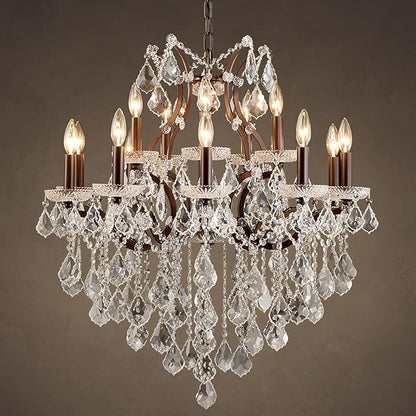 15 Lights Crystal Chandeliers for Dining Room Maria Theresa Chandeliers Vintage Pendant Light Fixture Living Room Bedroom Entryway Kitchen Brown 31.5" H x 30.7" D