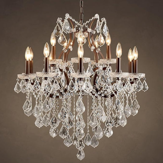 15 Lights Crystal Chandeliers for Dining Room Maria Theresa Chandeliers Vintage Pendant Light Fixture Living Room Bedroom Entryway Kitchen Brown 31.5" H x 30.7" D