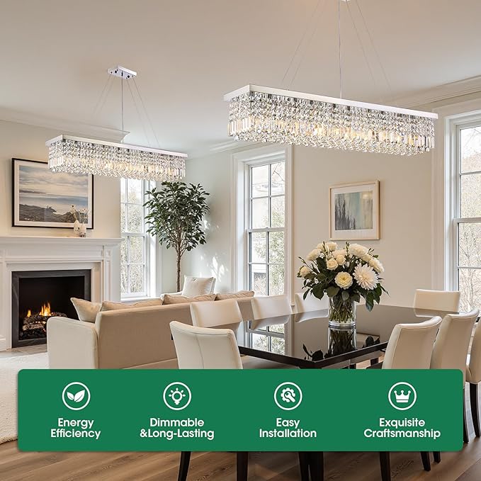 Modern Crystal Chandeliers for Dining Room Light Fixture, 10-Light Rectangle Chandelier for Kitchen Island Living Room, L47.2 Inch, Chrome Finish