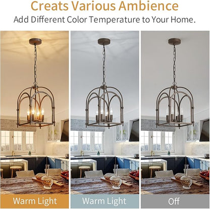 4-Light Chandeliers, Farmhouse Chandelier for Dining Room Light Fixtures, Lantern Metal Kitchen Pendant Light Fixtures, Rustic Cage Chandelier for Bedroom Living Room Kitchen Island Hallway