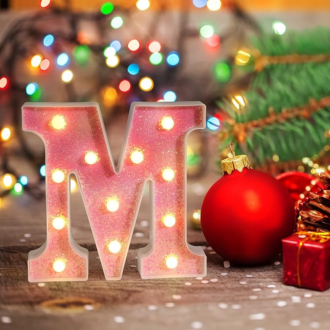 Foaky Pink Light up Letters，Pink Party Decorations,Girls Room Decor,Glitter Light Up Letters,Alphabet Letter Sign for Night Light Birthday Party Girls Gifts, Home Bar Decoration（I）