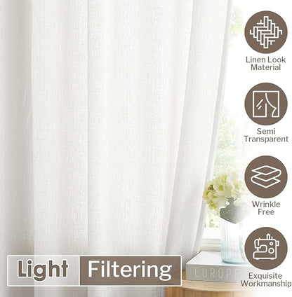 Melodieux Ivory Semi Sheer Curtains 63 Inch Length for Bedroom Living Room, Farmhouse Linen Texture Light Filtering Home Office Shiny Sheer Drapes Rod Pocket, 52" W x 63" L, 2 Panels