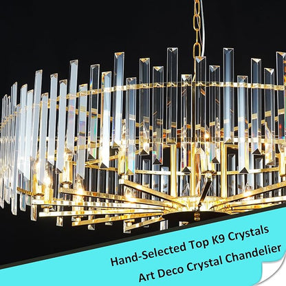 Gold Crystal Chandeliers for Dining Room, 39.4" Modern Round Chandelier Large Adjustable Height Ceiling Hanging Pendant Light Fixture for Dining Living Room Bedroom