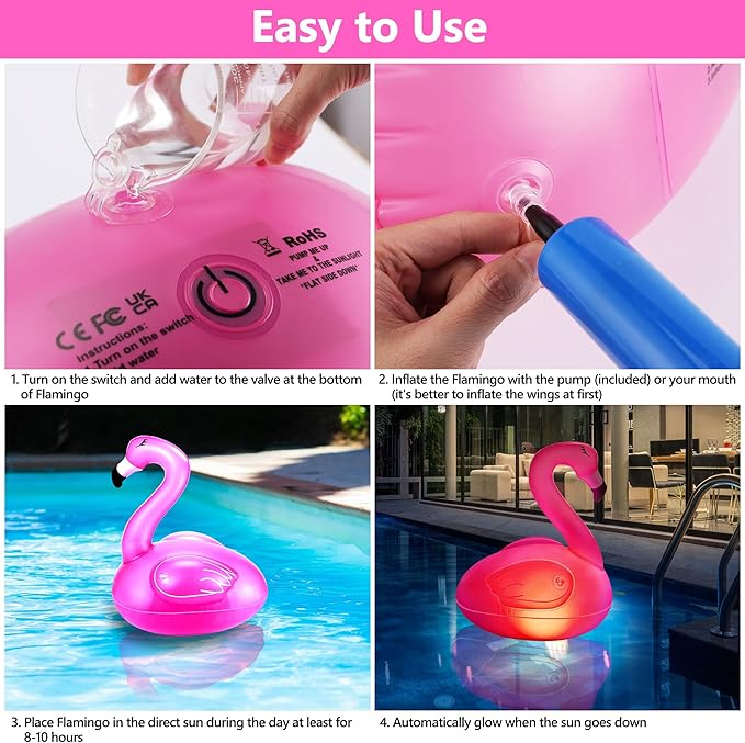 Toodour Floating Pool Lights Color Changing, 3 Packs Solar Flamingo Pool Lights that Float, RGB Inflatable Solar Powered Flamingo Light for Swimming Pool, Party, Garden, Patio, Outdoor Decor