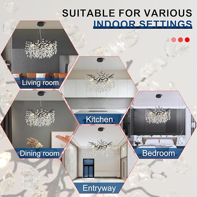 Modern Crystal Tree Branches Chandelier, 23.5in Black 8 Lights Large Ceiling Hanging Light for Dining Room, Round Raindrop Pendant Light Fixture