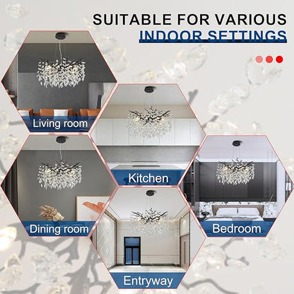 Modern Crystal Tree Branches Chandelier, 23.5in Black 8 Lights Large Ceiling Hanging Light for Dining Room, Round Raindrop Pendant Light Fixture