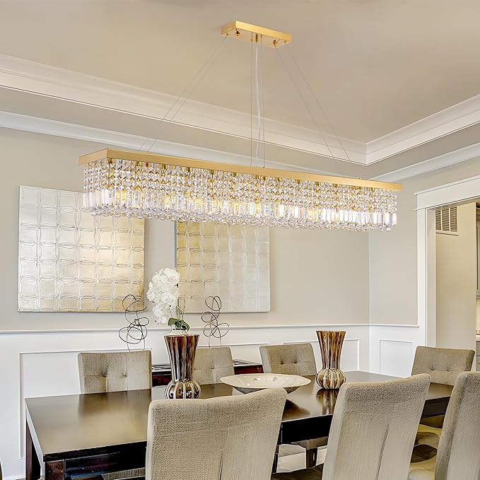 59-inch Modern Crystal Chandelier,13-Light K9 Crystal Rectangle Chandelier for Dining Room,Kitchen Island Adjustable Hanging Pendant Light Fixture,Gold Brass