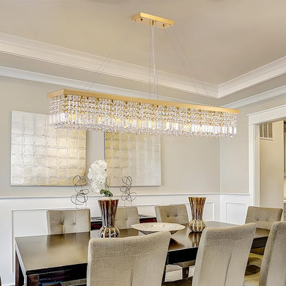 59-inch Modern Crystal Chandelier,13-Light K9 Crystal Rectangle Chandelier for Dining Room,Kitchen Island Adjustable Hanging Pendant Light Fixture,Gold Brass