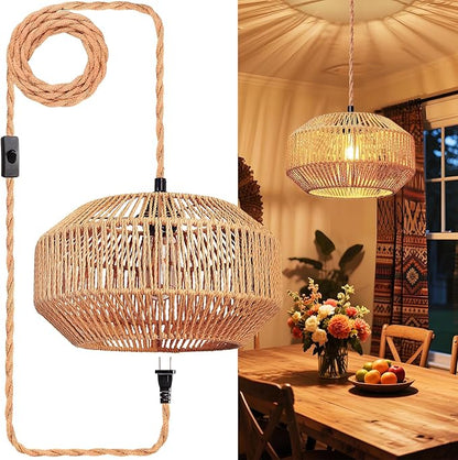 Maliralt Hanging Lamps Rattan Pendant Light Hanging Lights 16.4ft Plug in Cord Pendant Light Fixture Plug Into Wall Outlet Pendant Lighting with On Off Switch for Bedroom Living (Pumpkin Shade)