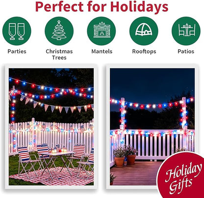 LAMPHOME Red White and Blue Patriotic Mini String Lights, 31.9FT 150 Incandescent Lights, Connectable 120V Waterproof Green Wire, 4th of July Independence Day Decor for Indoor Outdoor Christmas Party