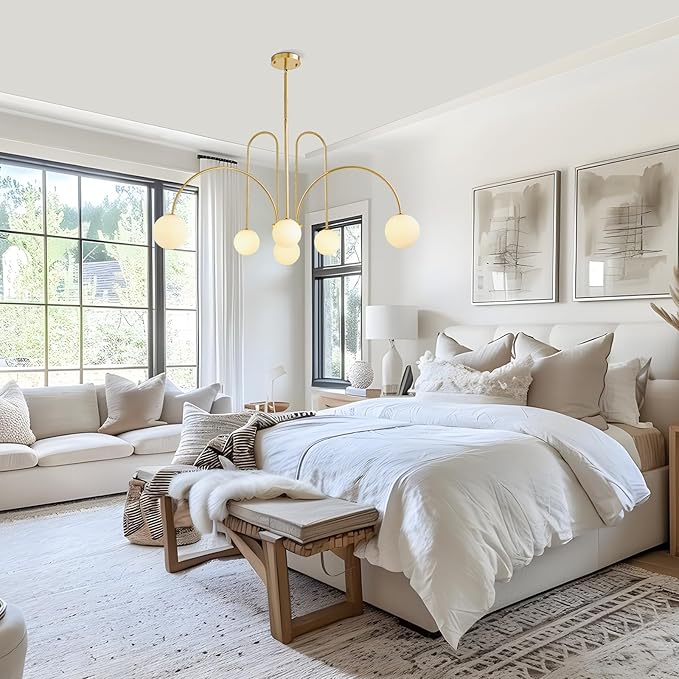 Modern Gold Sputnik Chandelier 6-Light Mid Century Chandelier for Dining Room with Milky Glass Globe Brushed Brass Ceiling Pendent Light Fixture for Living Room Kitchen Island Foyer Bedroom