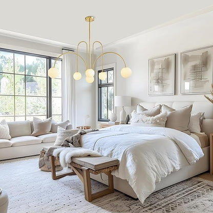 Modern Gold Sputnik Chandelier 6-Light Mid Century Chandelier for Dining Room with Milky Glass Globe Brushed Brass Ceiling Pendent Light Fixture for Living Room Kitchen Island Foyer Bedroom