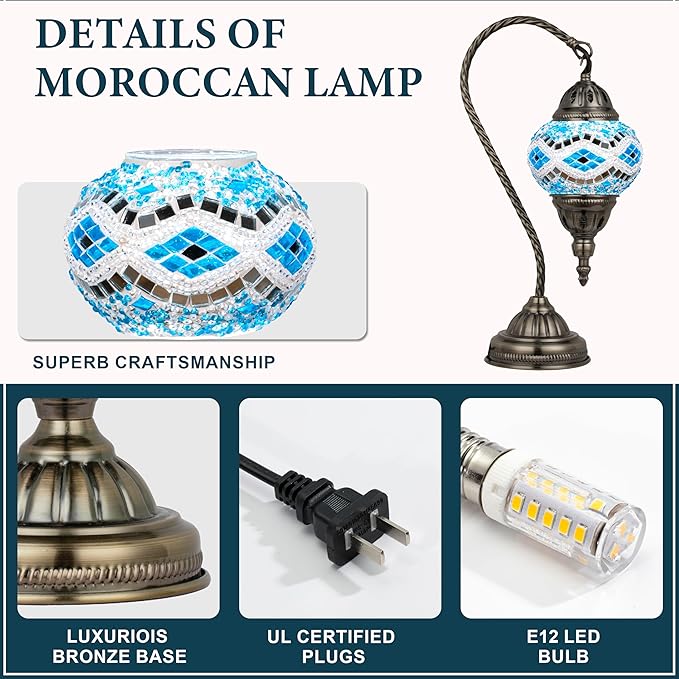 Marrakech Tiffany Lamp Morrocan Table Lamp with Vintage Style, Handmade Turkish Mosaic Lamps with Swan Neck Bronze Base Including LED Bulb for Living Room Bedroom Decor (Blue2)