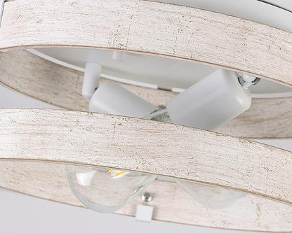 Modern Farmhouse ?Antique White Distressed Flush Mount Light Fixture 2-Light Wood Drum Semi Flush Mount Ceiling Light for Hallway Bedroom Kitchen Entryway Farmhouse