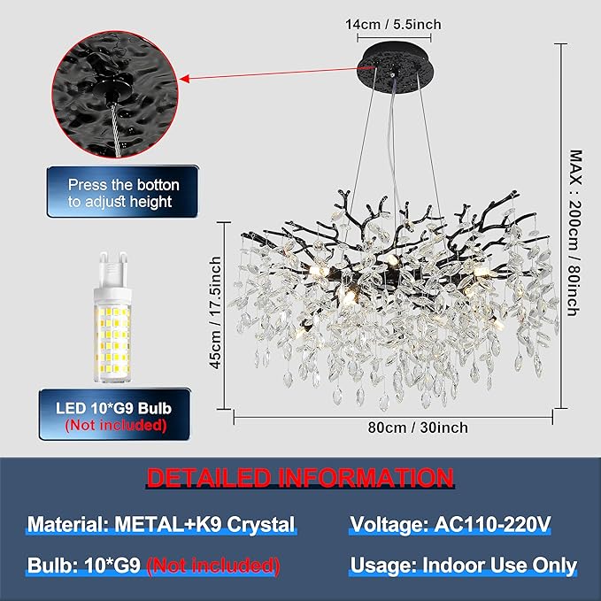 Modern Crystal Tree Branches Chandelier, 30in Black 10 Lights Large Ceiling Hanging Light for Dining Room, Round Raindrop Pendant Light Fixture