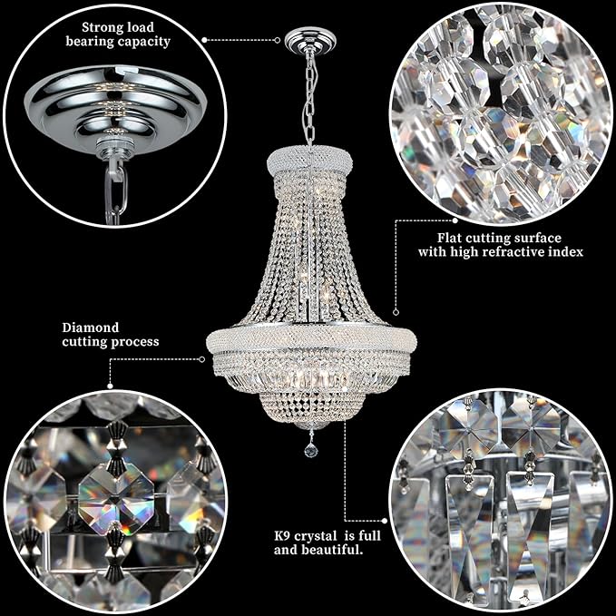 Crystal Chandeliers for Dining Room Light Fixture，Empire Style K9 Crystal Chandeliers for Entryway，18 Lights Chrome Luxury Lighting Fixtures for Living Room Bedroom Foyer Hallway D26 Inch